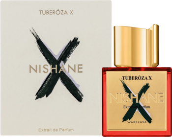 Ekstrakt perfum Nishane Tuberóza X: białe pudełko i czerwona butelka ze złotym korkiem i czarnym "X", widok z przodu.
