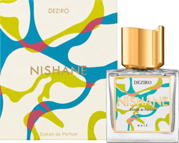 Nishane Deziro Extract de Parfum, unisex. Butelka i beżowe pudełko z barwnym, abstrakcyjnym wzorem, widok pod kątem.