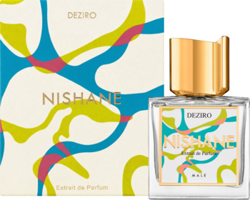Nishane Deziro ekstrakt perfum unisex, butelka ze złotą nakrętką i pudełko z abstrakcyjnym wzorem, widok z przodu.