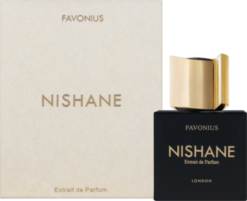 Nishane Favonius Extrait de Parfum, czarny flakon ze złotą nakrętką i beżowe pudełko, widok z przodu.