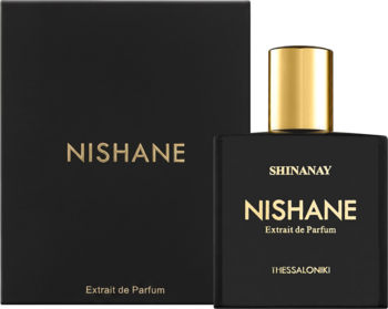 Nishane Shinanay Extrait de Parfum, czarna butelka ze złotą nakrętką i złotym napisem, obok czarne pudełko.