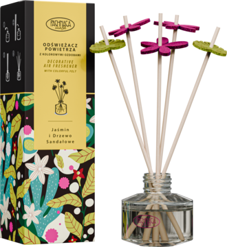 Patyczki zapachowe Jaśmin i Drzewo sandałowe w szklanej butelce z różowymi kwiatami i kolorowym pudełkiem.