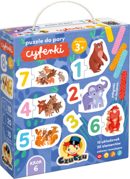 Kolorowe pudełko Czuczu Cyferki, dwuelementowe puzzle 1-8 ze zwierzętami i patyczkami do liczenia, wiek 3+.
