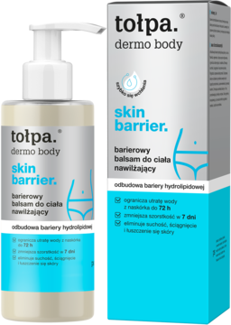Tołpa Dermo Body Skin Barrier barierowy balsam nawilżający w jasnej butelce z pompką i pudełku, ukośnie.