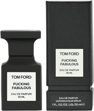 Tom Ford F***ing Fabulous Eau de Parfum 30ml: czarna, kwadratowa butelka i pasujące, matowe czarne pudełko, widok z przodu.
