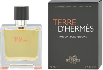 Perfumy męskie Terre d'Hermès: kwadratowa butelka z bursztynowym płynem i czarne opakowanie kartonowe, widok z przodu.