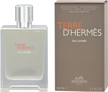 Męska woda perfumowana Hermès Terre d'Hermes Eau Givree: szklana butelka i brązowe pudełko obok, widok z przodu.