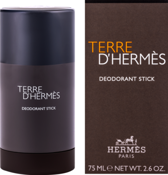 Dezodorant w sztyfcie Hermès Terre d'Hermès i brązowe pudełko, widok z przodu, z pomarańczowymi napisami.