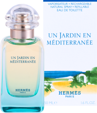 Hermès Un Jardin En Mediterranée woda toaletowa unisex, butelka gradientowa i białe opakowanie z widokiem morza.
