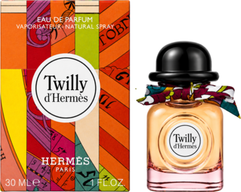 Twilly D'Hermes damska woda perfumowana. Kolorowe pudełko i butelka z korkiem w kształcie kapelusza i wstążką.