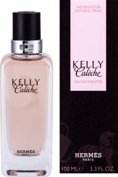 Damska woda toaletowa Hermès Kelly Calèche 100ml, butelka z różowym płynem obok ciemnego opakowania z napisami.