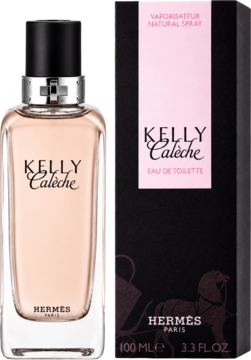 Hermès Kelly Calèche woda toaletowa, beżowa butelka i czarne pudełko z różowym detalem, widok z przodu.