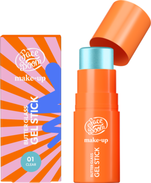 Pomarańczowy sztyft FaceBoom Butter Glass Gel Stick glass skin, bezbarwny, obok opakowania, z otwartą nakrętką.