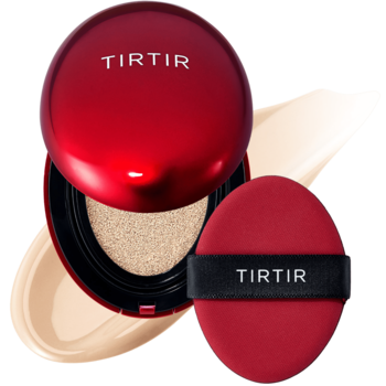Otwarty, czerwony podkład TIRTIR Mask Fit Red Cushion 17W French Vanilla, z puszkiem i półmatowymi swatchami.