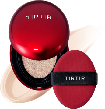 Czerwony, otwarty kompakt TIRTIR Mask Fit Red Cushion, półmatowy podkład z puszkiem, obok beżowe swatche.