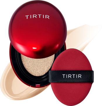 Czerwony podkład TIRTIR Mask Fit Red Cushion 17W French Vanilla, półmatowy. Otwarty kompakt, puszek i smugi.