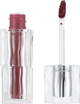 Tint do ust TIRTIR Waterism Glow Mauve Rose. Przezroczysta butelka z aplikatorem, błyszczyk, zbliżenie.