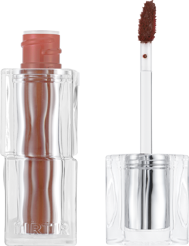 Tint do ust TIRTIR Waterism Glow Tint Fig Peach. Zbliżenie na butelkę i wyjęty aplikator z brzoskwiniowym tintem.