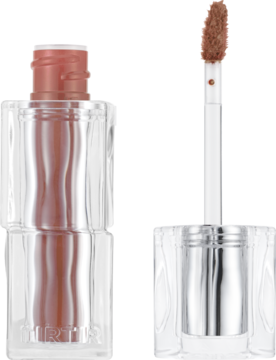 TIRTIR Waterism Glow Tint Salmon Syrup – tint do ust. Przezroczysta butelka i aplikator z brązowo-łososiowym kolorem.