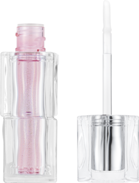 TIRTIR Waterism Lip Plumper, różowy brokatowy błyszczyk w przezroczystej tubie ze srebrnym aplikatorem obok.