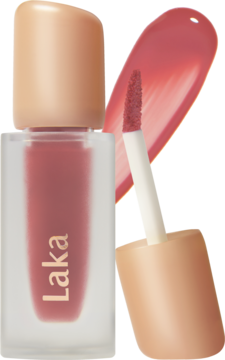 Laka Fruity Glam Tint Humming, błyszcząca pomadka w płynie, widoczny aplikator i rozmazany owocowy kolor.
