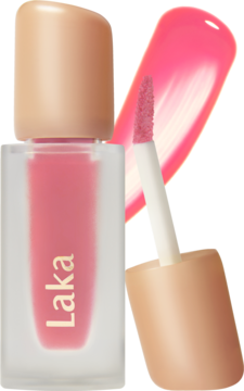 Laka Fruity Glam Tint Dreaming, błyszcząca pomadka w płynie w matowej butelce z aplikatorem i różowym swashem.