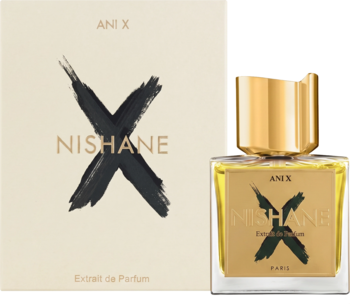 Nishane Ani X ekstrakt perfum unisex, widok z przodu. Złota butelka i beżowe pudełko z charakterystycznym logo 'X'.
