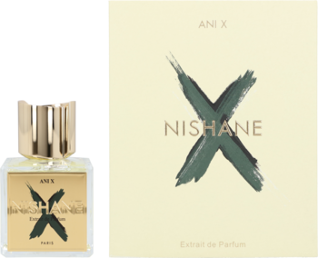 Nishane Ani X unisex ekstrakt perfum: biała butelka ze złotym korkiem obok beżowego pudełka z zielonym logo 'X'.