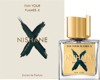 Nishane Fan Your Flames X ekstrakt perfum. Złota butelka z zielonym 'X' i dopasowane pudełko na białym tle.