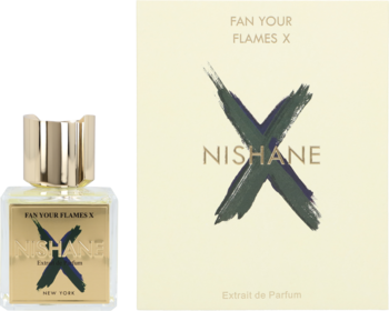 Nishane Fan Your Flames X ekstrakt perfum w butelce i pudełku z zielonym X, złotymi napisami, widok z przodu.