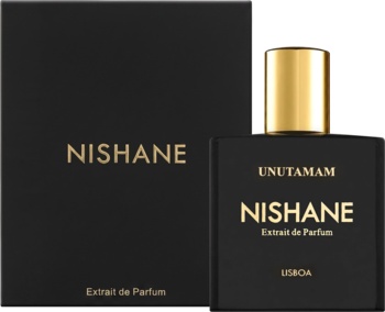 Czarne pudełko i flakon ekstraktu perfum unisex Nishane Unutamam z złotym korkiem, widok z przodu.