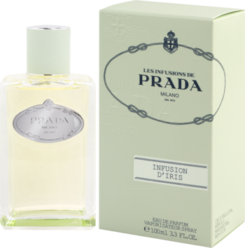 Prada Infusion d’Iris woda perfumowana dla kobiet: przezroczysta butelka i zielone pudełko, widok z przodu.