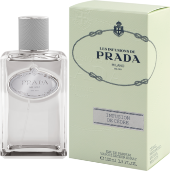 Woda perfumowana Prada Infusion de Cèdre w eleganckiej butelce i jasnozielonym pudełku, widok pod kątem.