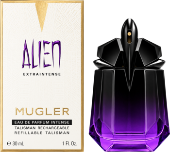 Mugler Alien Extra Intense, białe pudełko z napisami i fioletowo-czarny, rzeźbiony flakon perfum 30 ml obok siebie.