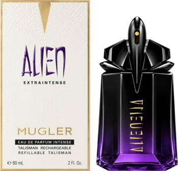 Damska woda perfumowana T.Mugler Alien Extra Intense: fioletowa butelka-talizman i eleganckie białe pudełko.