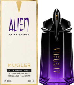 Mugler Alien Extraintense EdP, magiczny fioletowo-czarny flakon obok złoto-białego pudełka, widok z przodu.