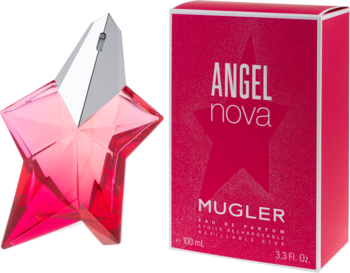 Perfumy Angel Nova Mugler Eau de Parfum w różowej butelce w kształcie gwiazdy i pasujące pudełko 100ml.