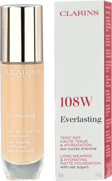 Długotrwały matujący podkład Clarins Everlasting 108W Sand w beżowej butelce i białym pudełku, z przodu.