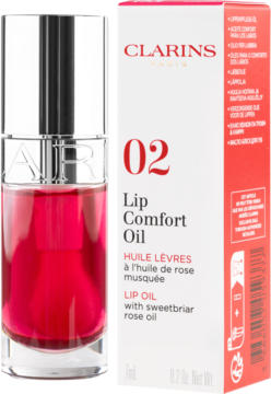 Clarins Lip Comfort Oil 02 Raspberry, olejek do ust w butelce z srebrnym korkiem i czerwonym pudełkiem.