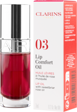 Clarins Lip Comfort Oil 03 Cherry: butelka z wiśniowym olejkiem do ust i biało-czerwone pudełko, widok z przodu.