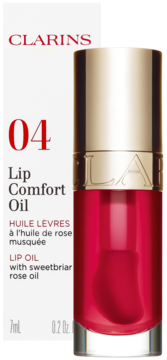 Clarins Lip Comfort Oil 04 z olejkiem różanym, czerwony w szklanej butelce, widok z boku białego opakowania.