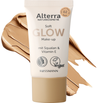 Alterra Soft Glow Make-up 02, jasnobeżowy podkład do twarzy w tubce, z rozświetlającym wykończeniem, z przodu.