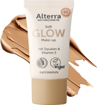 Alterra Soft Glow Make-up 03, beżowa tubka z rozmazanym podkładem, naturalne lśniące wykończenie ze skwalanem i witaminą E.