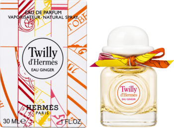Hermès Twilly d'Hermès Eau Ginger: pudełko z barwnymi wzorami i flakon z jasnym płynem oraz kolorową wstążką.