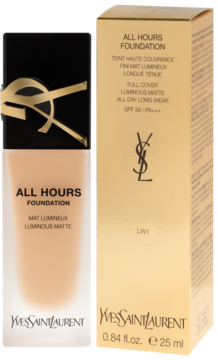 Matujący podkład YSL All Hours LW1 z kwasem hialuronowym w szklanej butelce obok złotego pudełka, widok z przodu.