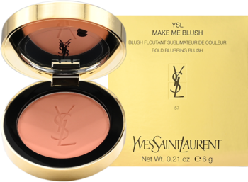 Złoty róż YSL Make Me Blush Coral Clash w otwartym kompakcie, obok złote pudełko. Widok z przodu.