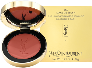 YSL Make Me Blush róż Peachy Nude w otwartym złotym kompakcie z lusterkiem, obok złotego pudełka.