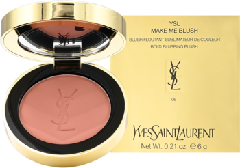 Otwarty złoty kompakt YSL Make Me Blush Rose Haze, matowy róż do policzków, obok pudełko, widok z przodu.