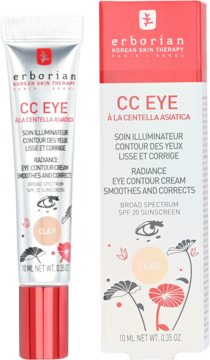 Erborian CC Eye 'Clair', krem pod oczy SPF 20, w srebrnej tubce z czerwoną zakrętką i białym opakowaniu.