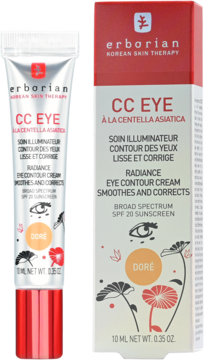 Erborian CC Eye Cream "Doré" SPF20 w białej tubce i czerwono-białym pudełku, widok z przodu.